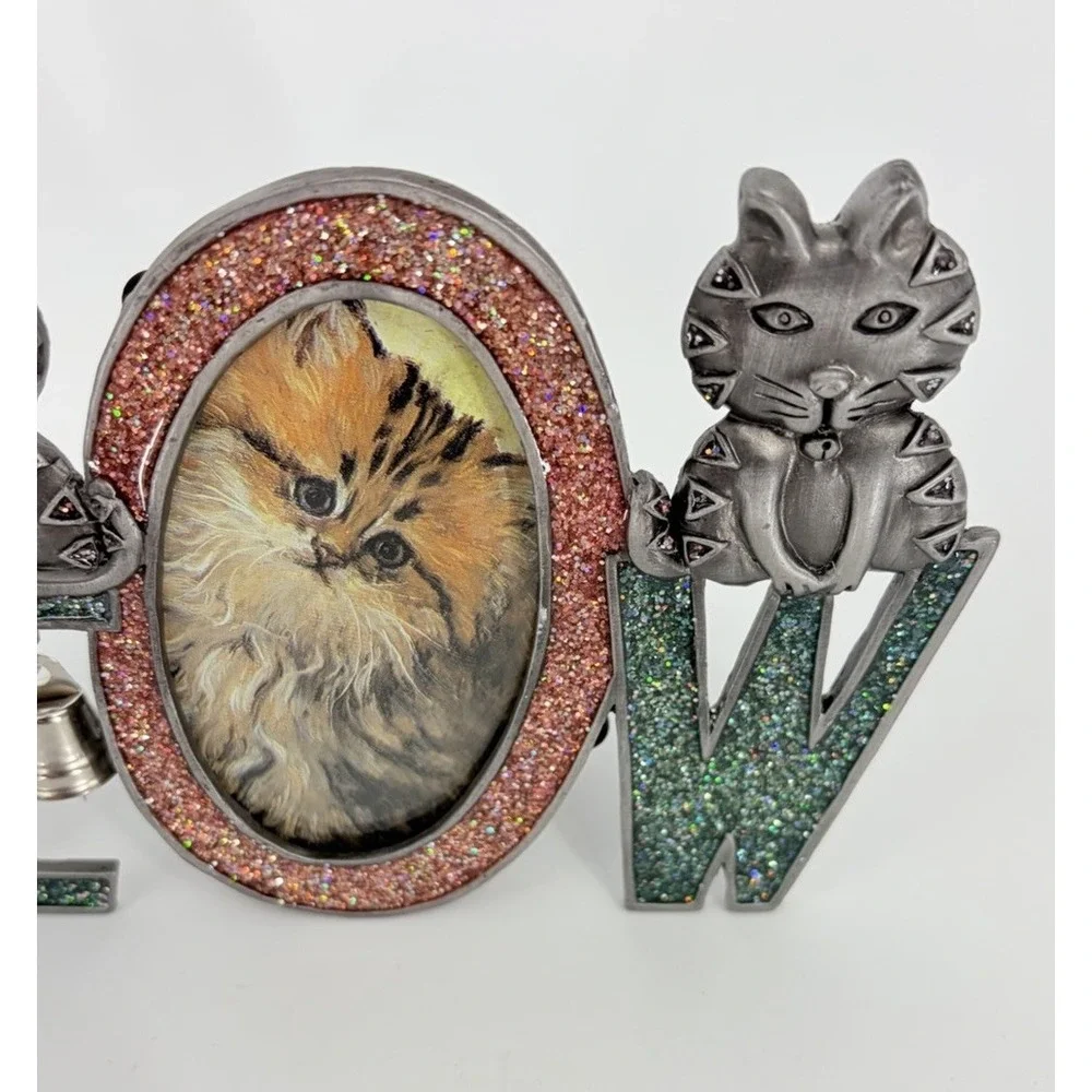 MEOW Cat Kitten Picture Frame Bell Silver Metal Glitter Oval Pewter Vintage
